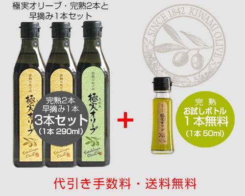 極実オリーブ 完熟2本＆早摘み1本セット（1本290ml）＋極実