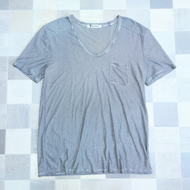 T by ALEXANDER WANG レーヨン ブレンド ボーダー ポケット付き Uネック Tシャツ ホワイト ブラック XS ポケティー (USED)