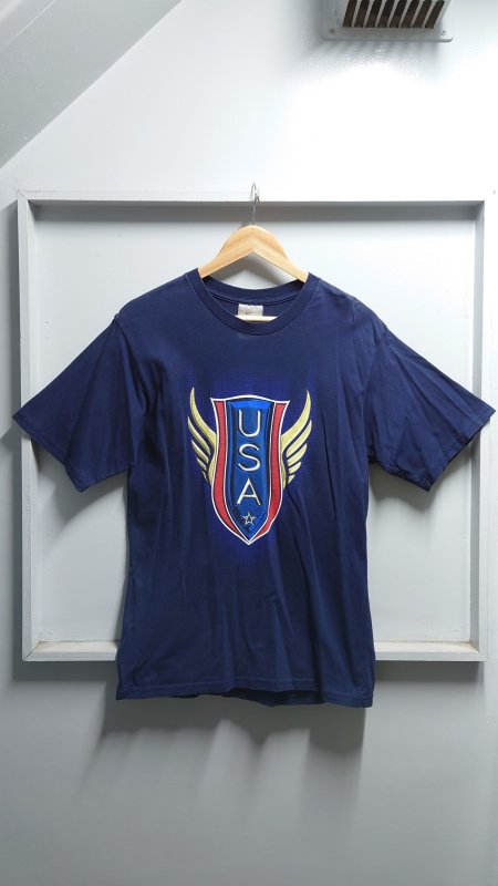 90-00’s NIKE USA プリント Tシャツ ネイビー S 袖 ワンポイント スウッシュ ロゴ (USED)