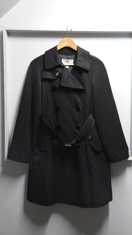 COMME des GARCONS × H&M ウール サテン トレンチ コート ブラック サイズ32 裏地付き コムデギャルソン コラボ (USED)