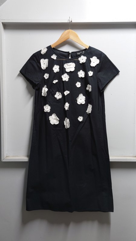 agnes b. フラワー アップリケ 半袖 シャツ ワンピース ブラック サイズ36 花柄 シャツワンピ アニエスベー (USED)