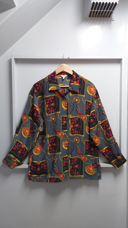 PIRATA collection ポリエステル スカーフ柄 オープンカラー シャツ チャコールグレー サイズ11R 総柄 開襟 柄シャツ (USED)