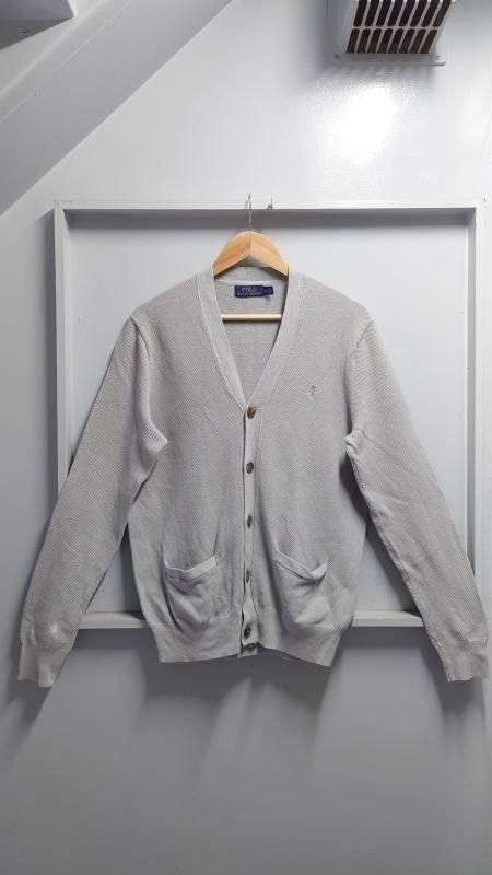 POLO RALPH LAUREN ワンポイント ポニー コットン リネン ニット カーディガン グレー M ロゴ 刺繍 ラルフローレン (USED) - (jeudi)