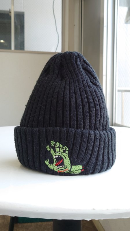 SANTA CRUZ スクリーミングハンド ロゴ 刺繍 リブ編み アクリル ビーニー ニット キャップ ブラック サンタクルーズ 帽子 ニット帽 (USED)