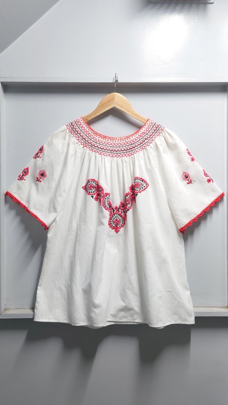 Vintage UNKNOWN メキシコ 刺繍 半袖 エスニック ブラウス ホワイト メキシカン (VINTAGE)