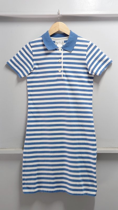 00’s agnes b. ボーダー柄 ポロシャツ ワンピース ホワイト ブルー サイズ1 半袖 2000年代 アニエスベー 日本製 (USED)