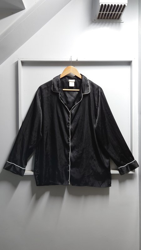 80-90’s Secret TREASURES スリーピング シャツ ブラック L サテン パイピング オープンカラー 長袖 開襟 パジャマシャツ (VINTAGE)