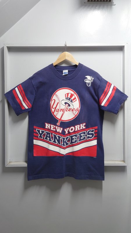 90’s SALEM SPORTWEAR USA製 シングルステッチ MLB NEW YORK YANKEES 両面 プリント Tシャツ ネイビー サイズ18-20 (VINTAGE)