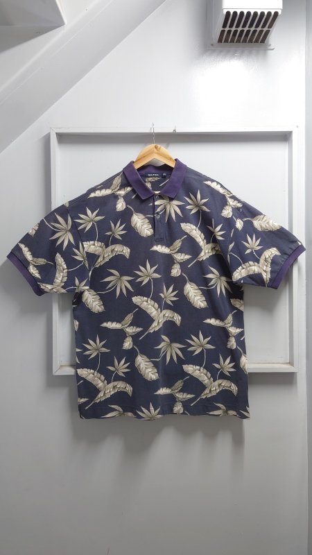 00’s NAUTICA ボタニカル柄 鹿の子 ポロシャツ ネイビー XXL 半袖 総柄 2000年代 (USED)