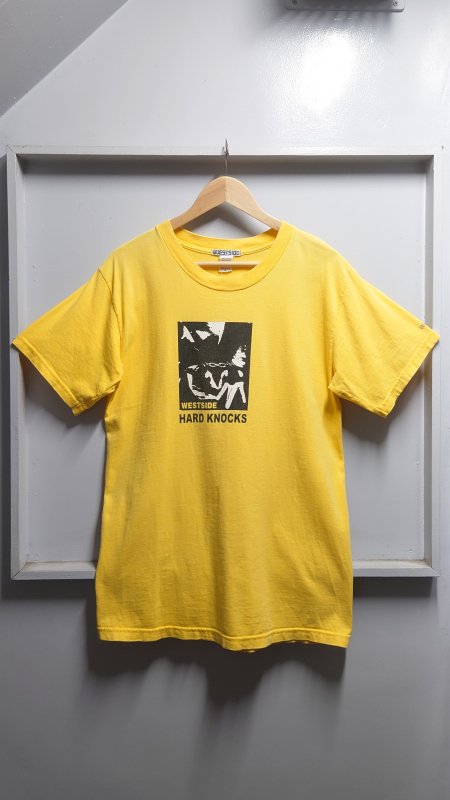90’s WESTSIDE USA製 HARD KNOCKS ハンドサイン プリント Tシャツ イエロー M 半袖 ストリート (VINTAGE)