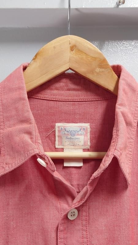 90’s Budweiser ロゴ 刺繍 シャンブレー ワーク シャツ レッド L-XL相当 ピスネーム バドワイザー (VINTAGE) - (jeudi)