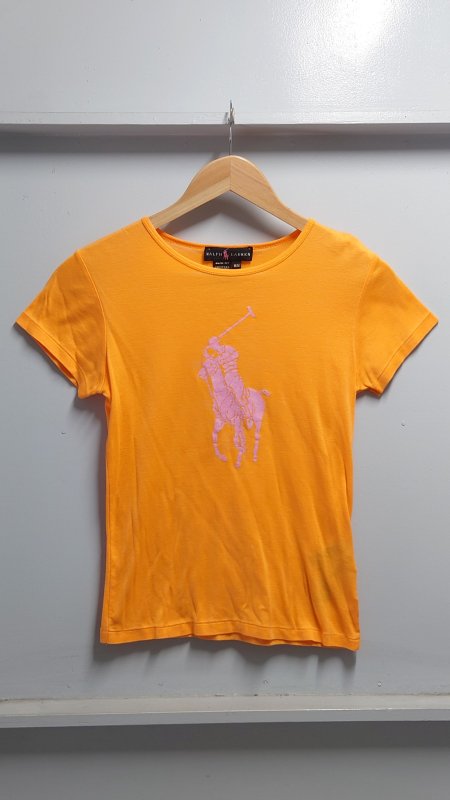 RALPH LAUREN USA製 “SLIM FIT” シングルステッチ ロゴ プリント Tシャツ オレンジ M 半袖 ラルフローレン (USED)