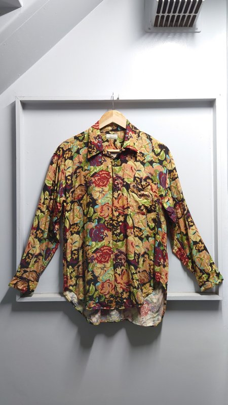 BASSO レーヨン ウール 花柄 オープンカラー シャツ S-M相当 総柄 長袖 開襟 日本製 (USED)