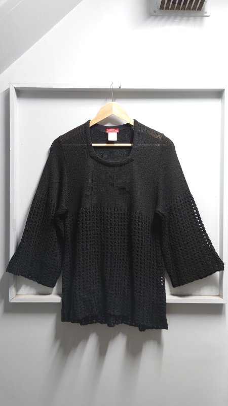 Vintage CHACOK フランス製 フレアスリーブ 透かし編み デザイン ニット セーター ブラック サイズT1 シャコック (VINTAGE)