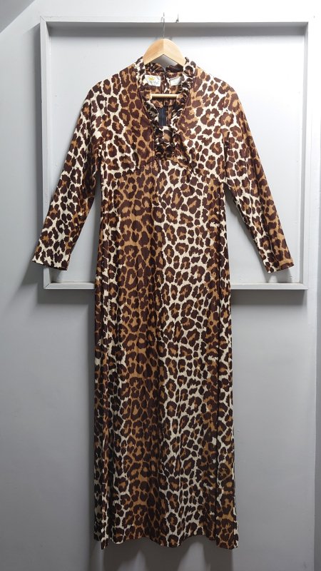 US Vintage Flutterbye USA製 Leopard Jersey Dress レオパード柄 ジャージー ワンピース ブラウン系 アニマル柄 総柄 フリル襟 (VINTAGE)