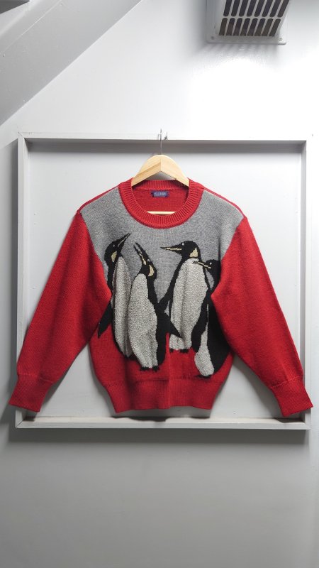 POLL MARRY ペンギン柄 ニット セーター ワインレッド M相当 日本製 レトロ (USED)