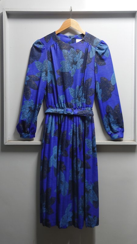 Vintage Studio Petites USA製 花柄 ワンピース ブルー系 サイズ8P 長袖 総柄 ベルト付き Flower Dress (VINTAGE)