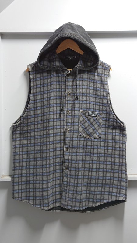 80-90’s BILLABONG 旧タグ USA製 Hooded Vest フード付き チェック ネル シャツ ベスト グレー系 M ビラボン (VINTAGE)