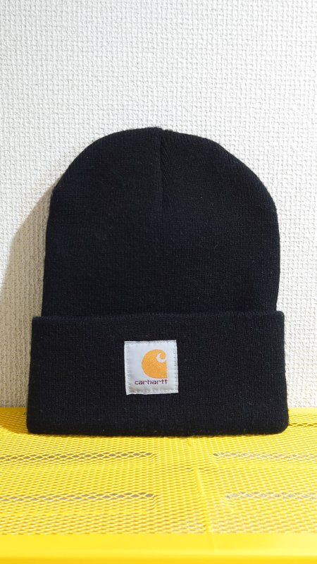 carhartt カナダ製 ロゴ パッチ アクリル ニット キャップ ブラック カーハート ニット帽 帽子 (USED)