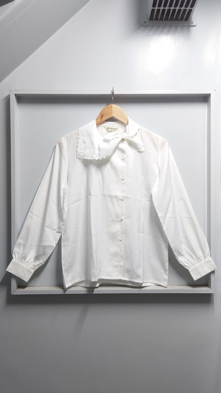 MONDORY Executive レース襟 デザイン ブラウス ホワイト サイズ11 長袖 白ブラウス レトロ シャツ 日本製 (USED)