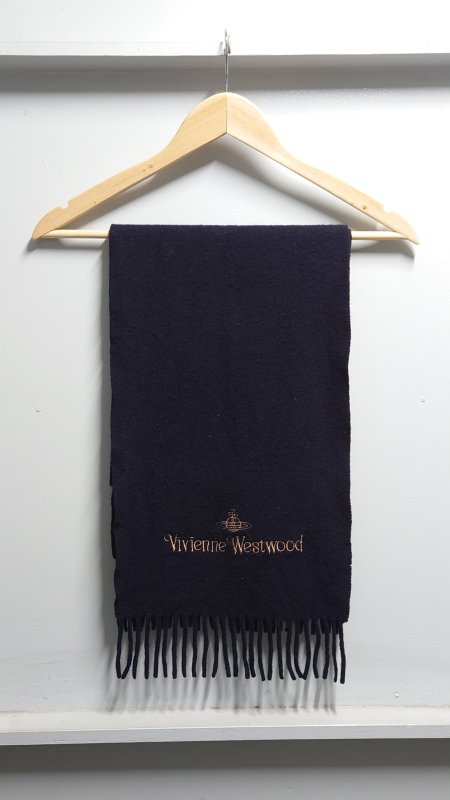 Vivienne Westwood MAN イタリア製 ウール×カシミヤ ロゴ刺繍 マフラー ネイビー ヴィヴィアンウエストウッド (USED)