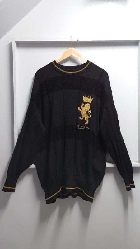 HARDY AMIES SPORT 王冠 ライオン刺繍 リブライン ニット セーター ブラック LL 日本製 (USED)