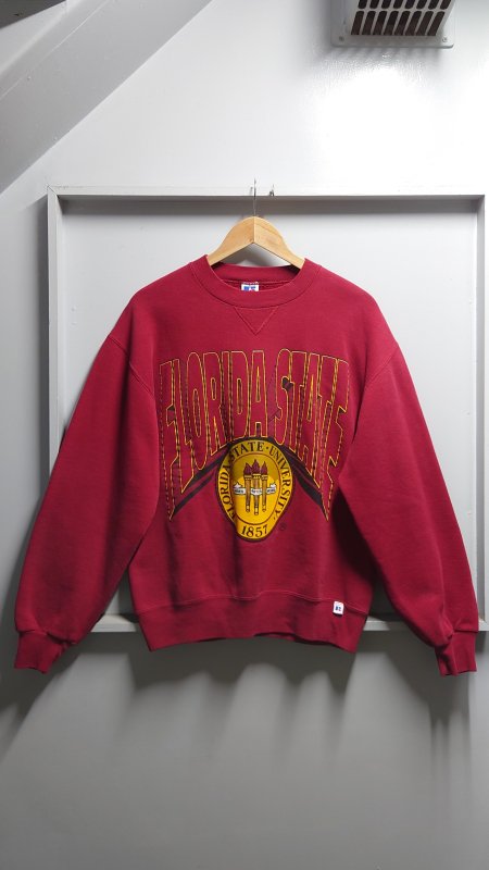 90’s RUSSELL ATHLETIC USA製 “FLORIDA STATE UNIVERSITY” カレッジ プリント スウェット ワインレッド M 前Vガゼット付き (VINTAGE)