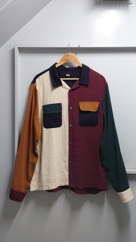 STUSSY Color Block Rayon Shirt ޥ顼 L Ĺµ 롼α ץ󥫥顼 졼󥷥  (USED)