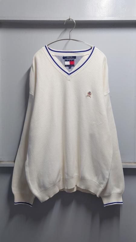 90’s TOMMY HILFIGER リブライン Vネック コットンニットセーター XL (VINTAGE)