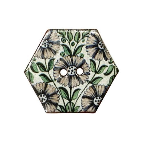 陶器製｜ボタン｜ウィリアム・ド・モーガン｜花柄｜六角形｜28mm