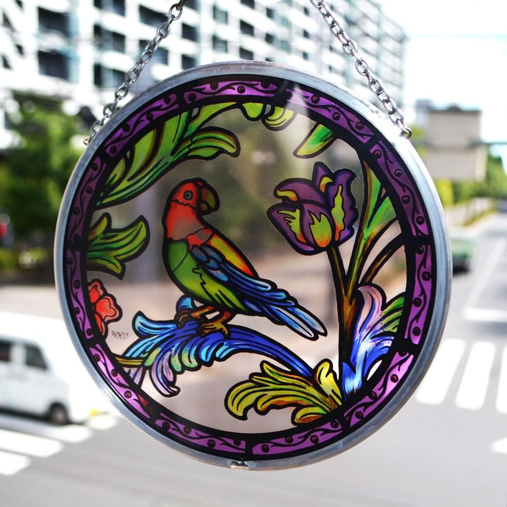 壁掛け・ステンドグラス｜鳥と花・オウム｜セントポール大聖堂｜英国製