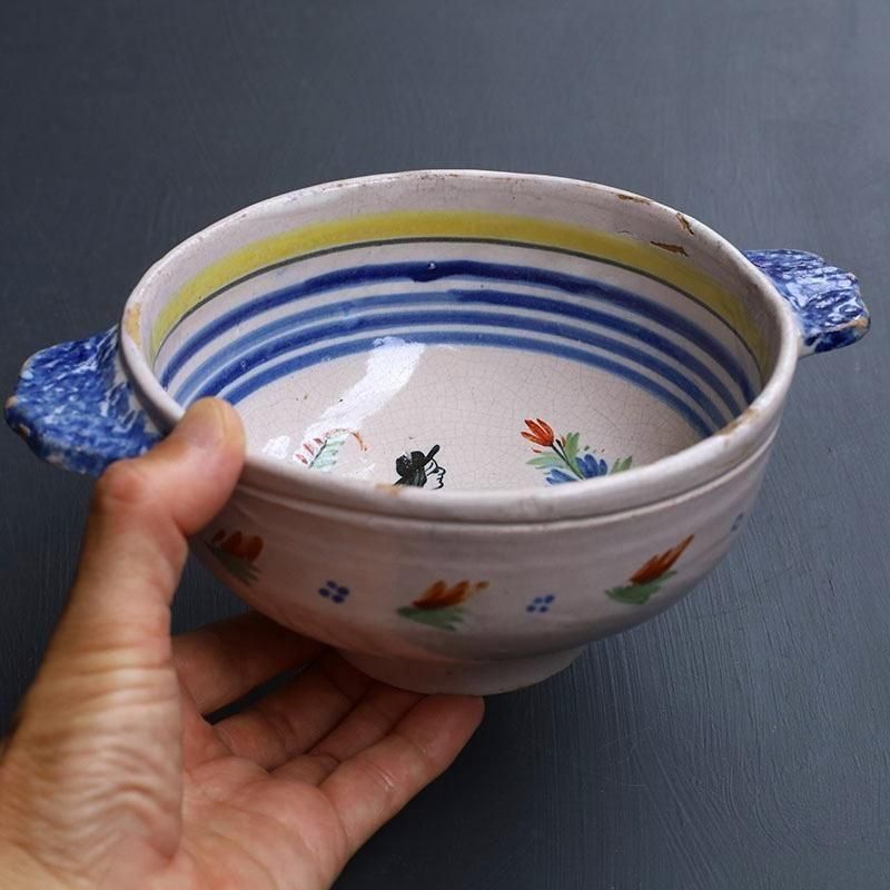 フランス アンティーク ホーロー 持ち手付きボウル フランス アンティーク ホーロー取手付ボウル