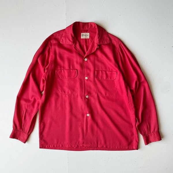 1950's TOWNCRAFT OPEN COLLAR RAYON SHIRT FADE RED (M 15 1/2)