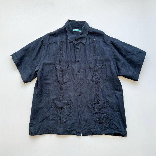1990's CUBAVERA LINEN  RAYON CUBA SHIRT BLACK SIZE XL (L〜XL)