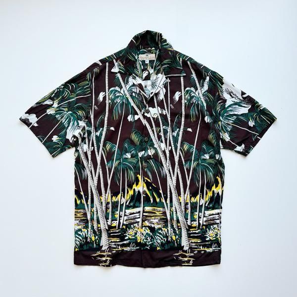 1980's PINEAPPLE JUICE OPEN COLLAR RAYON HAWAIIAN SHIRT SIZE SMALL (M〜L)