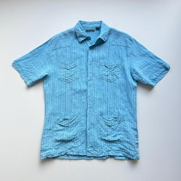 1990's CUBAVERA STRIPE LINEN  COTTON CUBA SHIRT BLUE SIZE M
