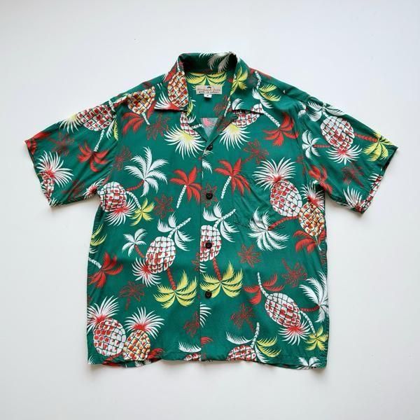 1980's PINEAPPLE JUICE OPEN COLLAR RAYON HAWAIIAN SHIRT SIZE SMALL (S〜M)