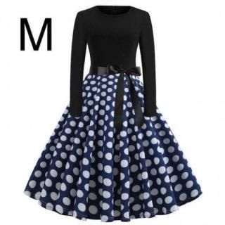 新品☆腰リボン付き♪ドット柄 ふんわりワンピース ネイビー M