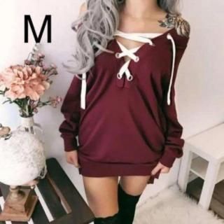 新品☆胸元編み上げ♪シンプルワンピース ボルドー M