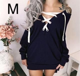 新品☆胸元編み上げ♪シンプルワンピース ネイビー M
