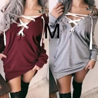 新品☆胸元編み上げ♪シンプルワンピース グレー M