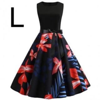 新品☆腰リボン付き♪花柄ふんわりワンピース ブラック L
