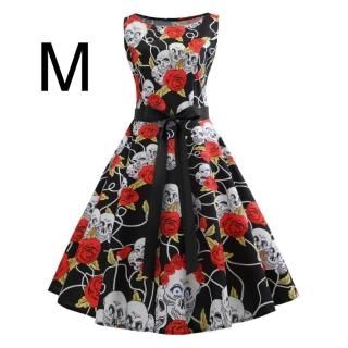 新品☆腰リボン付き♪スカル総柄ふんわりワンピース M