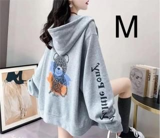 新品☆袖ロゴ♪デカバクプリ♪ゆるパーカー グレー M