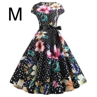 新品☆腰リボン付き♪ドット&花柄ふんわりワンピース ブラック M