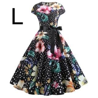 新品☆腰リボン付き♪ドット&花柄ふんわりワンピース ブラック L