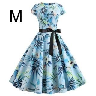 訳あり☆腰リボン付き♪花柄ふんわりワンピース ブルー M