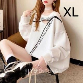 訳あり☆胸ジップ♪英字ロゴゆるトップス☆ホワイト XL