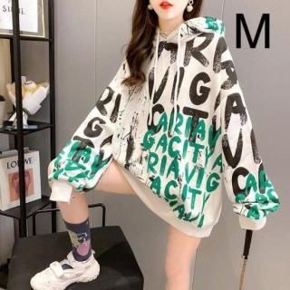 訳あり☆英字総柄♪裏起毛ゆるゆるパーカー ホワイト M