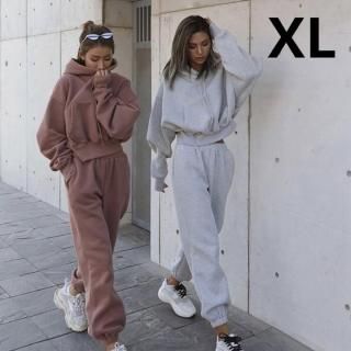新品☆シンプル♪裏起毛ショート丈パーカー・パンツSET グレー XL